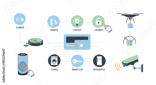 Smart Home Automation System with Connected Devices and Icons