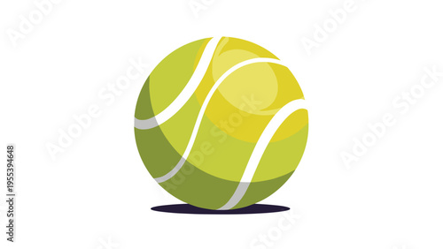 Standard yellow tennis ball with white seams and a dark shadow is shown as a central sports equipment icon on a white field.
