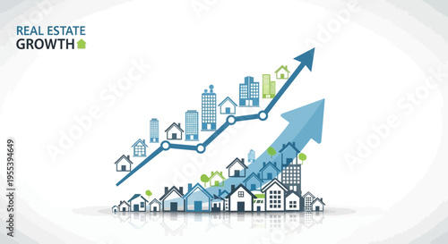 Real Estate Growth Chart: Upward Trend with Houses and Skyscrapers