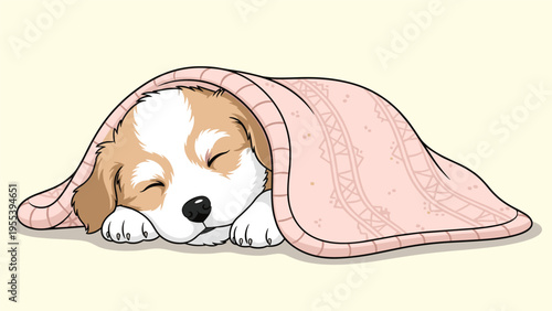 Small brown and white puppy sleeps peacefully tucked under a patterned pink blanket on a soft beige background illustration.