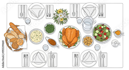 Overhead view of a festive Thanksgiving dinner table setting with roasted turkey and side dishes.