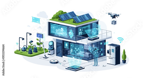 Smart Home Technology: Futuristic House with AI, Solar Power, Drone Delivery, IoT Devices