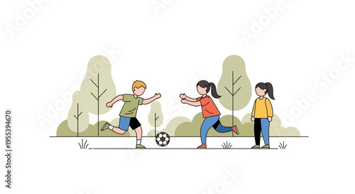 Foto Children playing soccer in a park with trees in the background, flat design illu