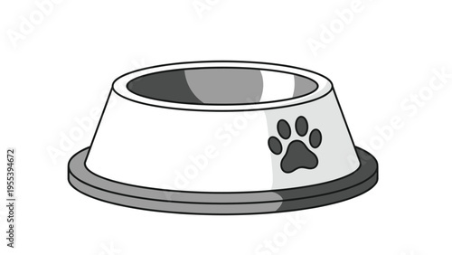 Empty silver metal pet food bowl with a black paw print logo and a dark gray base is shown as a simple pet care icon.