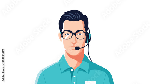 Male customer service representative with glasses and a headset wearing a teal polo shirt looks directly at the camera.