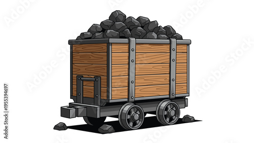 Vintage wooden mine cart with heavy metal wheels is overflowing with large chunks of dark black coal illustration.