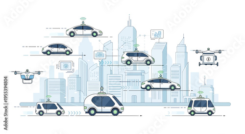 Autonomous vehicles and drones navigate smart city skyline, futuristic transport concept