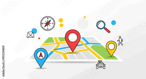 Navigation and Location Services - Map, Pins, Compass, Search, Car, People Icons