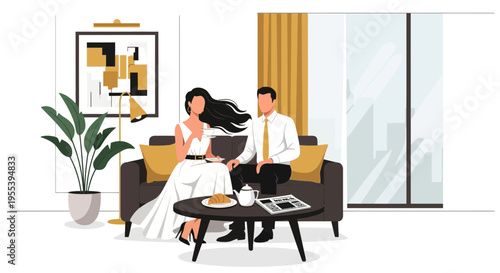 Elegant Couple Enjoying Coffee in Modern Living Room
