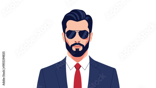 Professional portrait of a man with a groomed beard and aviator sunglasses wearing a navy blue suit and red tie.