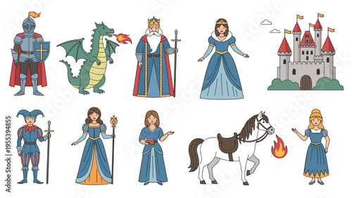 Diverse collection of medieval fantasy elements including a knight dragon king queen jester horse and a castle.