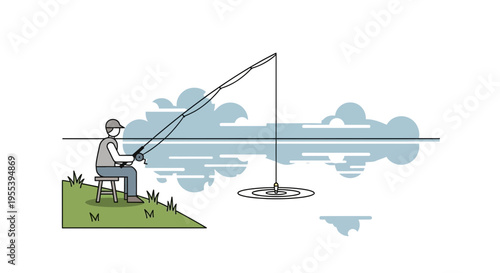 Fisherman sitting on grassy bank, casting fishing rod into calm lake, clouds reflected in water