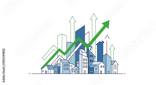 Real Estate Growth Chart with Upward Arrows and Cityscape Illustration