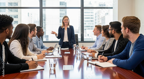 People seated around a conference table in a modern meeting room, with one person standing and leading the discussion near large windows overlooking city buildings.