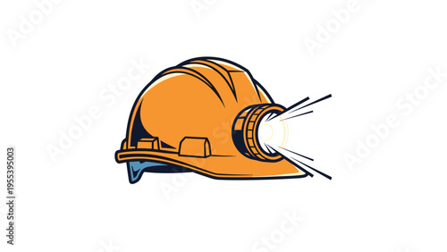 Industrial orange hard hat for a miner featuring a bright headlamp casting beams of light on a white background.