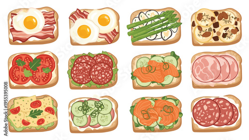 Mouthwatering collection of twelve different toast toppings featuring ingredients like eggs bacon salmon and avocado.