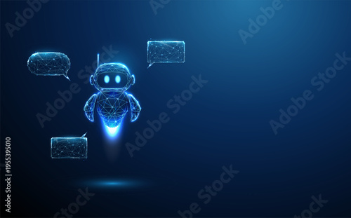 3d blue robot with three speech bubbles. AI communication, chatbot interaction automated support system, conversational AI workflows, customer service automation concept.