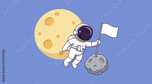 An astronaut plants a flag on an asteroid, with the moon in the background, symbolizing exploration and discovery in space. This whimsical image inspires imagination and adventure.