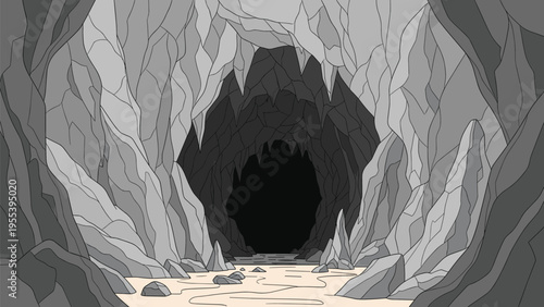 Large entrance to a mysterious dark cave with gray rocky walls and a sandy floor in a pixel art landscape style.
