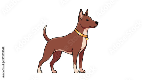 Basenji dog illustration features a brown and white pup standing alertly while wearing a yellow collar against a white background.