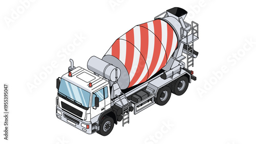 Isometric concrete mixer truck displays a white cab and a large rotating drum with red and white spiral stripes for construction work.