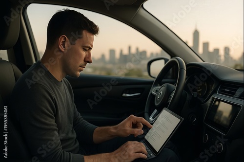 Man using laptop inside car with city skyline background