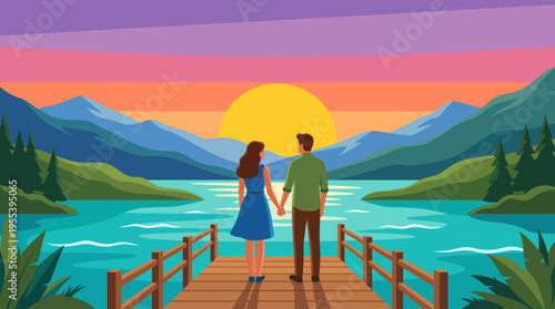 A romantic couple stands hand in hand on a pier by a tranquil lake, with a breathtaking sunset backdrop, symbolizing love, connection, and the beauty of shared moments.