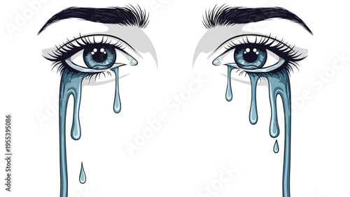 Close-up illustration of beautiful female eyes shows tears streaming down the face in a melancholic and emotional artistic expression.
