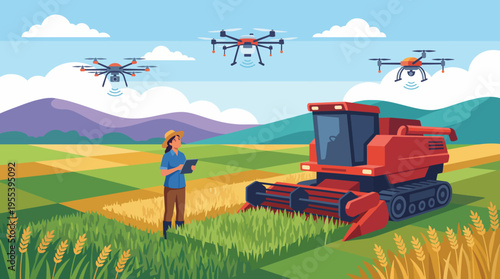 A contemporary farmer stands confidently in a wheat field, utilizing drones for agricultural monitoring, showcasing innovation and technology in modern farming practices.