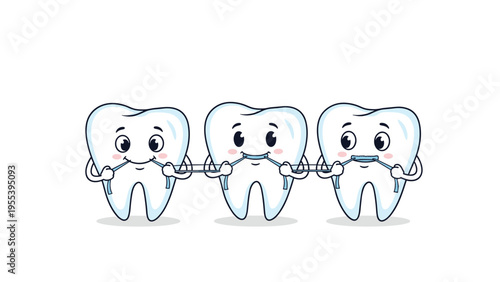 Three cute cartoon teeth are working together to clean their gaps with dental floss to demonstrate proper oral hygiene and health.