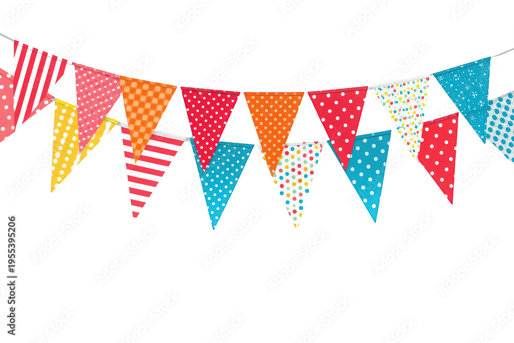 Fototapeta premium Colorful party bunting flags with various patterns hanging from a string, celebrating a festive event, transparent background