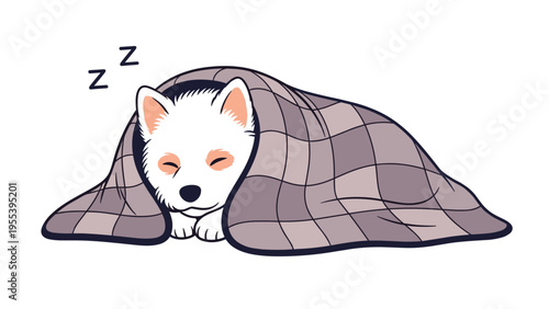 Small white puppy is sleeping peacefully while tucked under a purple checkered blanket for a cozy and heartwarming animal illustration.