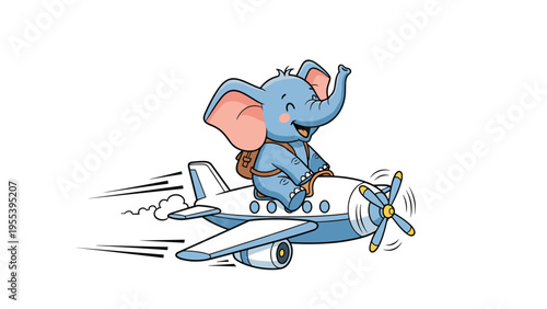 Happy blue elephant wearing a backpack sits atop a small white and blue propeller airplane as it flies through the air with speed lines.