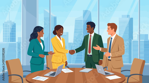 A diverse group of professionals engage in a handshake, symbolizing successful collaboration and partnership within a modern office environment with a skyline view.
