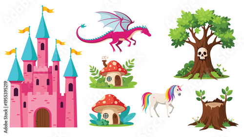 Magical fantasy set includes a pink castle, a purple dragon, a unicorn, mushroom houses, and a mysterious tree with a skull on its trunk.