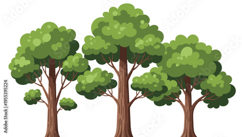 Group of three mature trees with dense green foliage and sturdy brown trunks is depicted in a clean and simple vector illustration style.