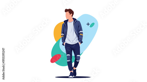 Fashionable young man in a blue hooded sweatshirt and matching jogger pants stands confidently against a colorful abstract background.