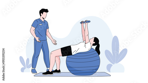 Woman performs core strengthening exercises on a blue fitness ball while being assisted by a professional male physical therapist.