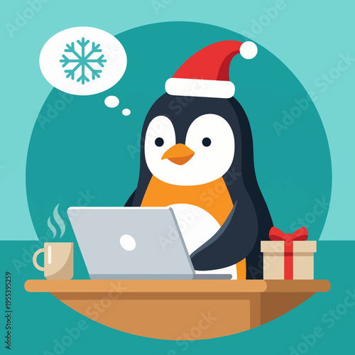 A penguin in a festive Santa hat is deeply focused on a laptop while contemplating a snowflake, creating a whimsical portrayal of holiday spirit and cozy vibes.