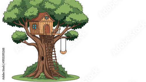 Charming wooden treehouse built into a large leafy tree features a ladder, a balcony, and a tire swing hanging from a sturdy branch.