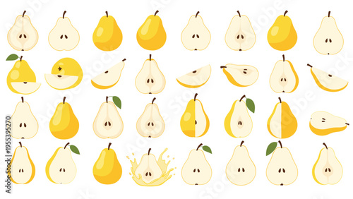 Large collection of yellow pear illustrations shows the fruit in various stages including whole, halved, sliced, and splashed with juice.