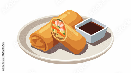 The image showcases two crispy spring rolls on a plate with a small container of dipping sauce, highlighting the appealing visual presentation of a popular culinary delight.