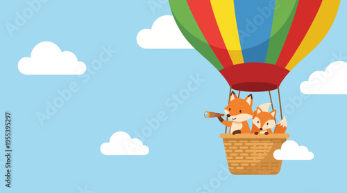 Two adorable foxes enjoying a whimsical adventure in a colorful hot air balloon, embodying freedom, exploration, and joyful companionship in a lively sky setting.