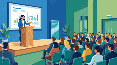A professional speaker delivers a presentation on data insights to an engaged audience, representing knowledge sharing and collaboration in a modern conference setting.