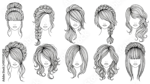 Collection of hand drawn feminine hair styles and fashion haircuts for women including braids buns and long waves in line art.