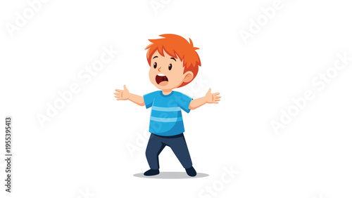 Cartoon illustration of a surprised young boy with red hair and blue shirt reacting with shock or amazement to news.