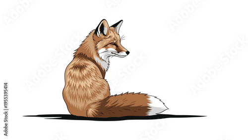 Artistic illustration of a wild red fox sitting on the ground and looking back over its shoulder in a forest habitat.