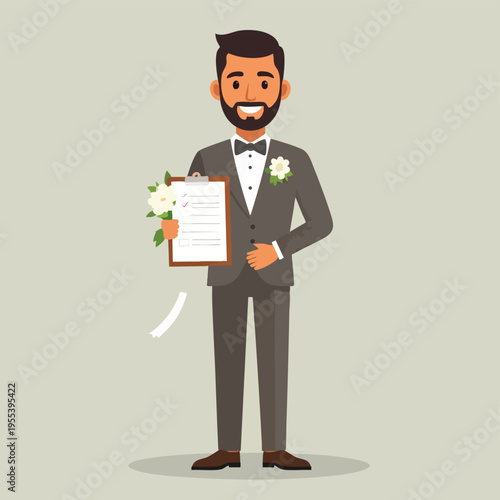 A smiling wedding planner in a gray suit holds a clipboard with flowers indoors