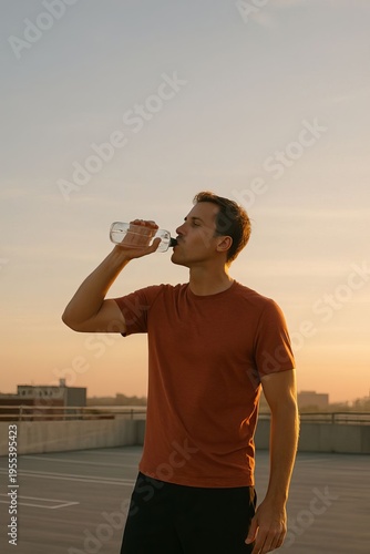 Athletic Man Hydrating After Exercise at Sunset