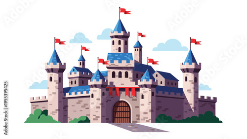 Majestic medieval castle with tall towers blue roofs and red flags standing against a light blue sky with white clouds.